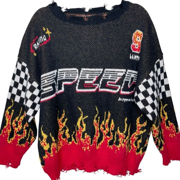 Bikercore Fire & Letter Speed Flame Pattern Drop Shoulder Sweater 2XL - Picture 13 of 15